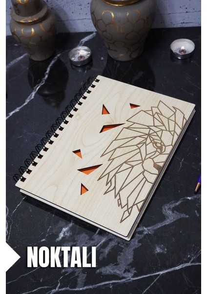 Aslan Temalı Ahşap Kapaklı Defter - Noktalı Defter - Ajanda - Okul Defteri (A5 - 120 Sayfa)