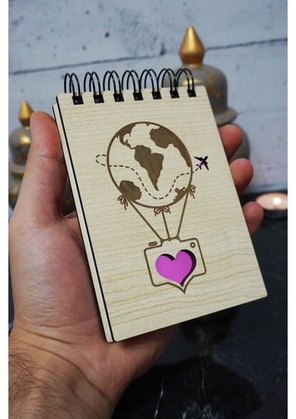 Balon Temalı Ahşap Kapaklı Not Defteri - Mini Defter - Cep Defteri - Benim Listem