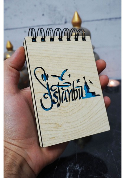 Istanbul Temalı Ahşap Kapaklı Not Defteri - Mini Defter - Cep Defteri - Benim Listem