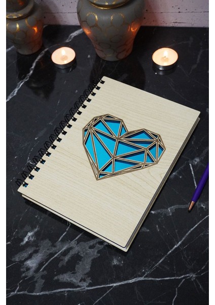 Kalp Desenli Ahşap Kapaklı Defter - Çizgisiz Defter - Günlük - Ajanda- A5 Anı Defteri