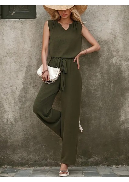 Kadın Kolsuz V Yakalı Aerobin Bluz ve Belden Kuşaklı Pantolon Ikili Takım
