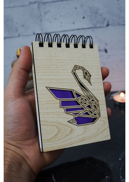 Kuğu Temalı Ahşap Kapaklı Not Defteri - Mini Defter - Cep Defteri - Benim Listem