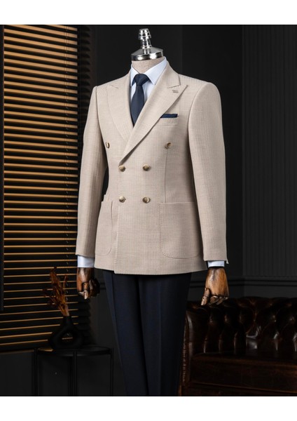 Italyan Stil Slim Fit Kruvaze Erkek Tek Ceket Vizon T14278