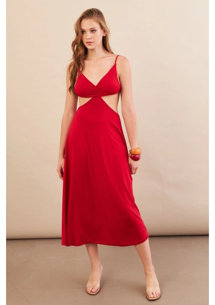 Kadın Kırmızı Sırtı Açık Halter Yaka Midi Elbise AN7036