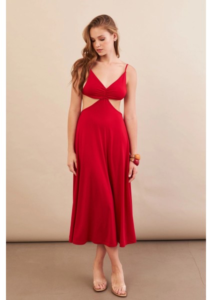 Kadın Kırmızı Sırtı Açık Halter Yaka Midi Elbise AN7036 modelleri