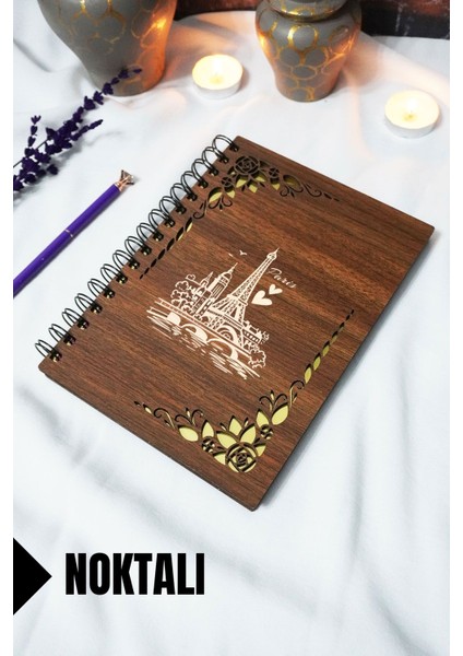 Paris Ahşap Kapaklı Spiralli Okul Defteri - Noktalı Defter - 60 Yaprak (120 Sayfa) - A5 15X21 cm