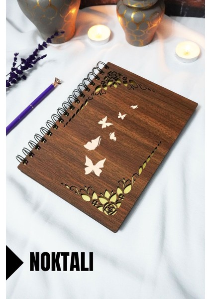 Kelebek Ahşap Kapaklı Spiralli Okul Defteri - Noktalı Defter - 60 Yaprak (120 Sayfa) - A5 15X21 cm