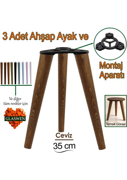 3 Adet Ahşap Ayak 35 cm Ceviz M8 Civatalı Bağlantı Aparatlı Mobilya Tabure Sehpa Masa Destek Ayağı