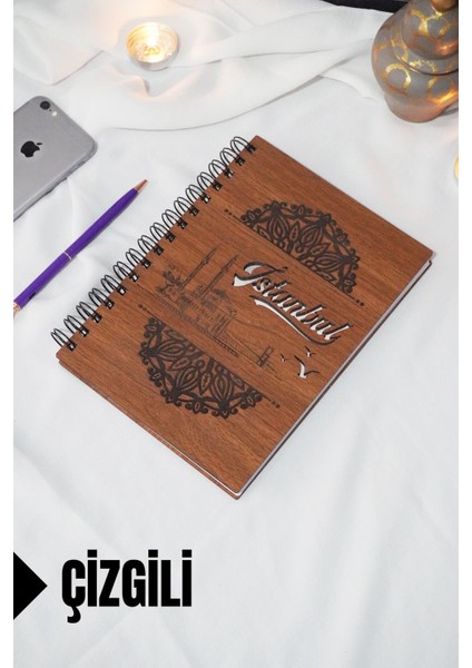 Istanbul Temalı Ahşap Kapaklı Defter - Çizgili Defter - Ajanda - Okul Defteri (A5 - 120 Sayfa)