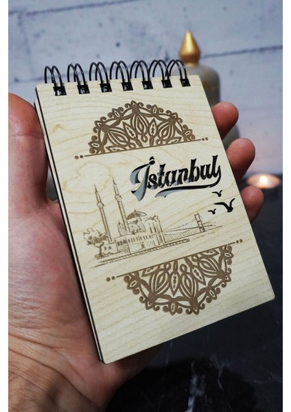 Istanbul Temalı Ahşap Kapaklı Not Defteri - Mini Defter - Cep Defteri - Benim Listem