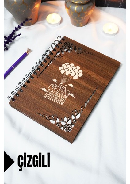 Uçan Ev Ahşap Kapaklı Defter - Çizgili Defter - 60 Yaprak (120 Sayfa) - A5 15X21 cm