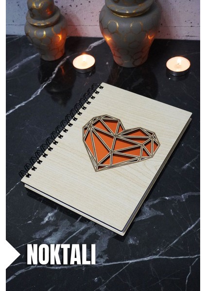 Kalp Temalı Ahşap Kapaklı Defter - Noktalı Defter - Ajanda - Okul Defteri (A5 - 120 Sayfa)