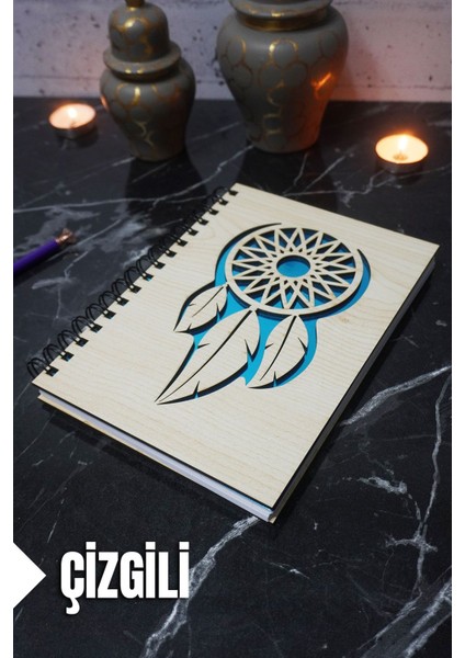 Rüya Kapanı Temalı Ahşap Kapaklı Defter - Çizgili Defter - Ajanda - Okul Defteri (A5 - 120 Sayfa)
