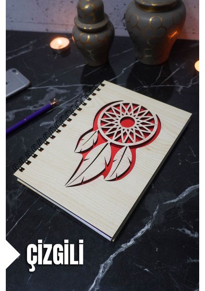 Rüya Kapanı Temalı Ahşap Kapaklı Defter - Çizgili Defter - Ajanda - Okul Defteri (A5 - 120 Sayfa)