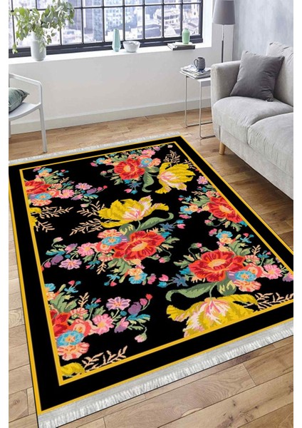 Çiçekli Klasik Desen Kaymaz Tabanlı Halı Makinede Yıkanabilir Kilim Dot Tabanlı Halı 2018A