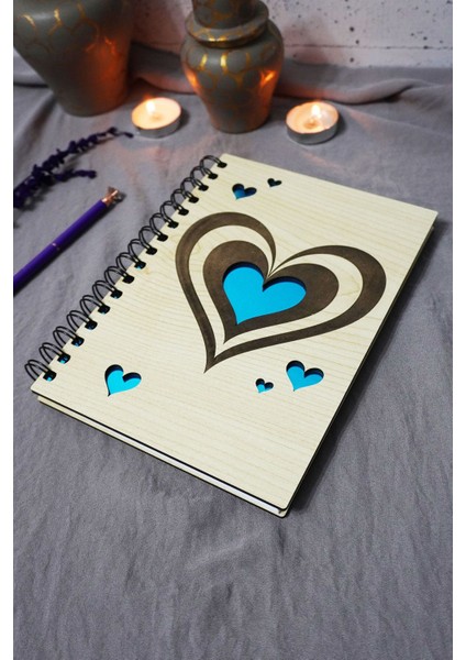 Kalp Desenli Ahşap Kapaklı Defter - Çizgisiz Defter - Günlük - Ajanda-Hediyelik-A5 Anı Defteri