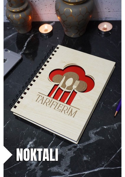 Mutfak Temalı Ahşap Kapaklı Defter - Noktalı Tarif Defteri - Ajanda (A5 - 120 Sayfa)