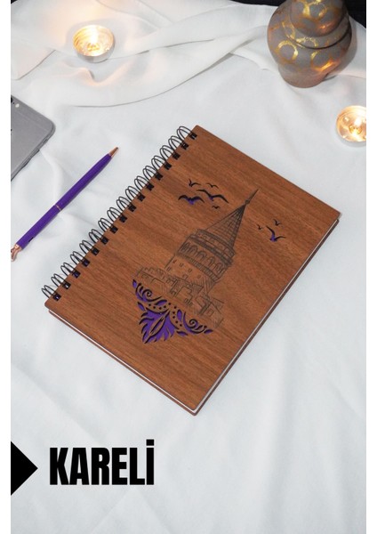 Galata Kulesi Temalı Ahşap Kapaklı Defter - Kareli Defter - Ajanda - Okul Defteri (A5 - 120 Sayfa)