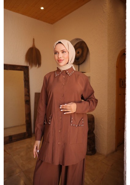 Kadın Tesettür Eşofman & Takımı, Alt Üst Uzun Takım Düğmeli Gömlek Pantolon 504