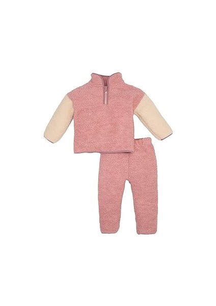 Kız Bebek 2'li Takım Pelüş Fermuarlı Dik Yaka Sweatshirt Üst Beli Lastikli Alt Bordo 4/5 Ya