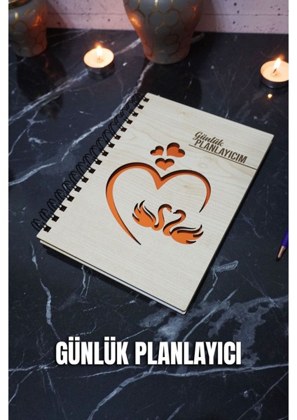 A5 Kuğu Aşk Tasarım Ahşap Kapak Günlük Planlayıcı Defter - Tarihsiz Ajanda-Süresiz Planlama Defteri