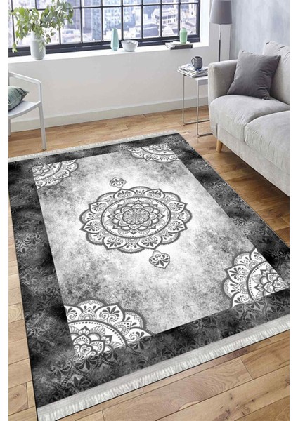 Gri Göbekli Desen Kaymaz Taban Halı Makinede Yıkanabilir Kilim Dot Tabanlı Halı 3019B