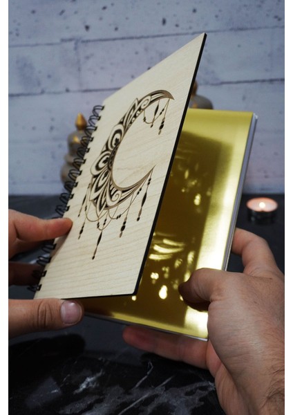 Ay Mandala Desenli Ahşap Kapaklı Defter - Çizgisiz Defter - Günlük - Ajanda- A5 Anı Defteri fiyatları