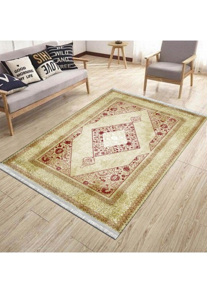 Gold Dekoratif Halı Kaymaz Tabanlı Makinede Yıkanabilir Kilim Dot Tabanlı Salon Halısı 3138