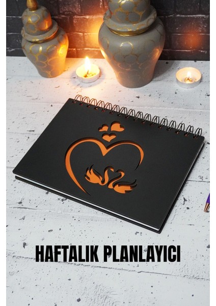 A5 Kuğu Aşk Tasarım Siyah Ahşap Plan Defteri - Tarihsiz Ajanda - Haftalık Planlayıcı