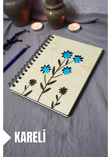 Çiçek Desenli Ahşap Kapaklı Defter - Kareli Defter - Ajanda - Okul Defteri (A5 - 120 Sayfa)