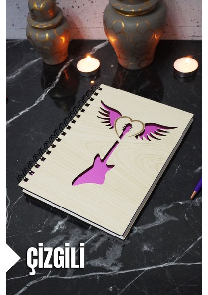 Gitar Kanat Temalı Ahşap Kapaklı Defter - Çizgili Defter - Ajanda - Okul Defteri (A5 - 120 Sayfa)