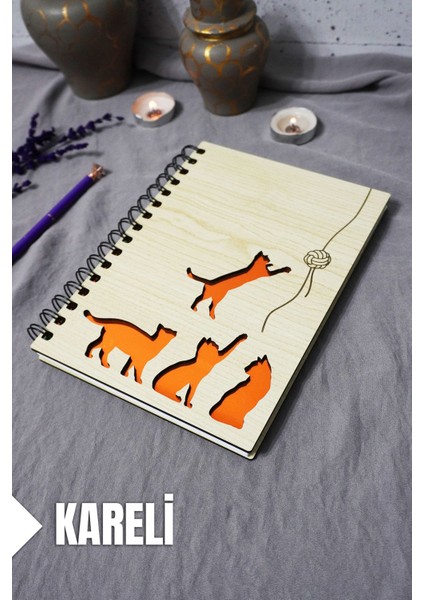 Kedi Desenli Ahşap Kapaklı Defter - Kareli Defter - Ajanda - Okul Defteri (A5 - 120 Sayfa)