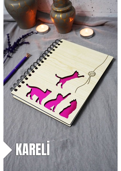 Kedi Desenli Ahşap Kapaklı Defter - Kareli Defter - Ajanda - Okul Defteri (A5 - 120 Sayfa)