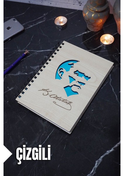 Kemal Atatürk Temalı Ahşap Kapaklı Defter - Çizgili Defter - Ajanda - Okul Defteri (A5 - 120 Sayfa)