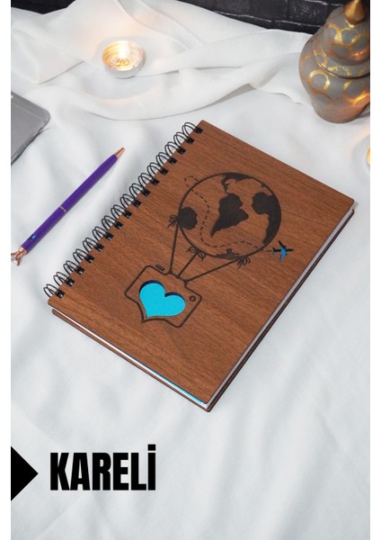 Uçan Balon Temalı Ahşap Kapaklı Defter - Kareli Defter - Ajanda - Okul Defteri (A5 - 120 Sayfa)
