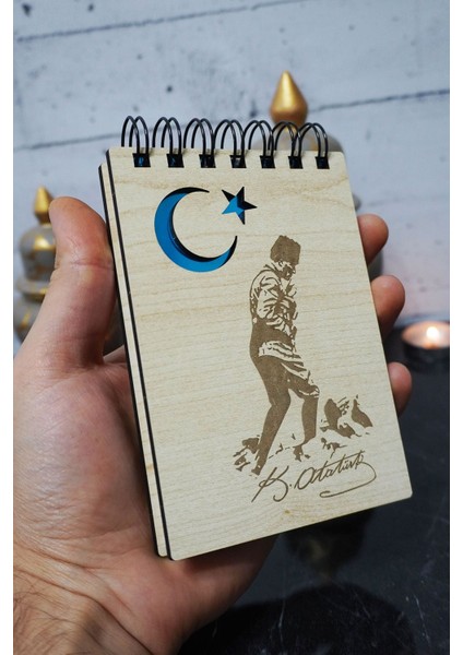 Kemal Atatürk Temalı Ahşap Kapaklı Not Defteri - Mini Defter - Cep Defteri - Benim Listem