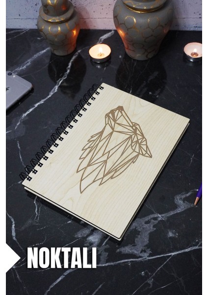 Kurt Temalı Ahşap Kapaklı Defter - Noktalı Defter - Ajanda - Okul Defteri (A5 - 120 Sayfa)