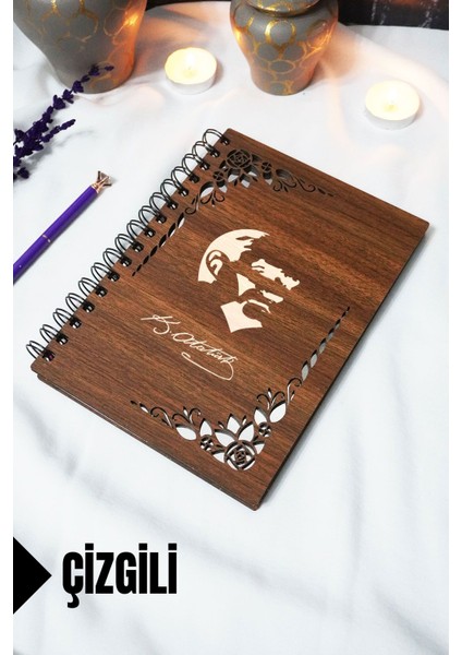 Mustafa Kemal Atatürk Ahşap Kapaklı Defter - Çizgili Defter - 60 Yaprak (120 Sayfa) - A5 15X21 cm