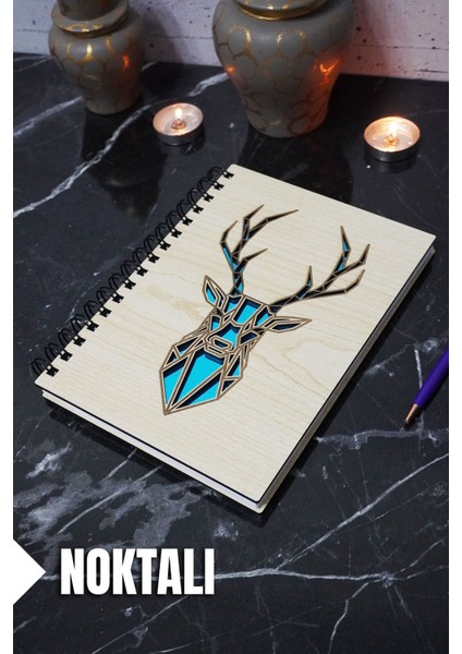 Geyik Temalı Ahşap Kapaklı Defter - Noktalı Defter - Ajanda - Okul Defteri (A5 - 120 Sayfa)