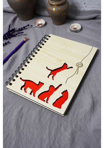 Kedi Desenli Ahşap Kapaklı Defter - Çizgisiz Defter - Günlük - Ajanda-Hediyelik-A5 Anı Defteri
