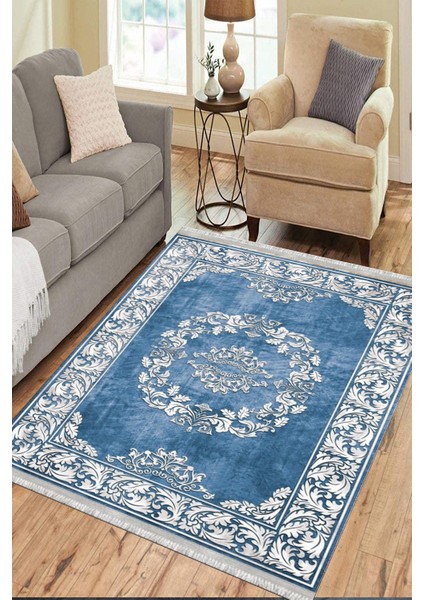 Klasik Desenli Mavi Makinede Yıkanabilir Kilim Kaymaz Dot Tabanlı Oturma Odası Halısı 3027B fırsatları