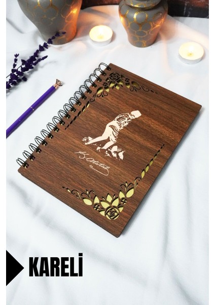 Çiçek Temalı Mustafa Kemal Atatürk Ahşap Kapaklı Defter -Kareli Defter - A5 Anı Defteri