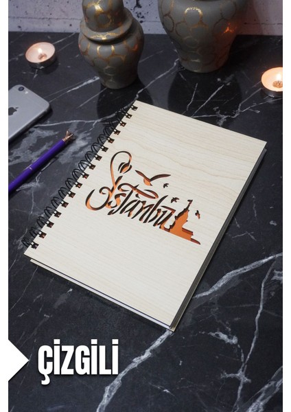 Istanbul Temalı Ahşap Kapaklı Defter - Çizgili Defter - Ajanda - Okul Defteri (A5 - 120 Sayfa)