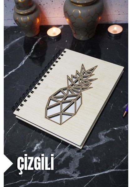 Ananas Temalı Ahşap Kapaklı Defter - Çizgili Defter - Ajanda - Okul Defteri (A5 - 120 Sayfa)