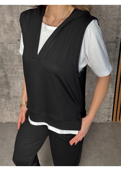 Kadın Kısa Kollu V Yakalı Kapşonlu Viskon Iki Iplik Bluz ve Pantolon Takım fiyatları