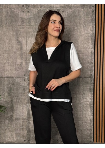 Kadın Kısa Kollu V Yakalı Kapşonlu Viskon Iki Iplik Bluz ve Pantolon Takım modelleri