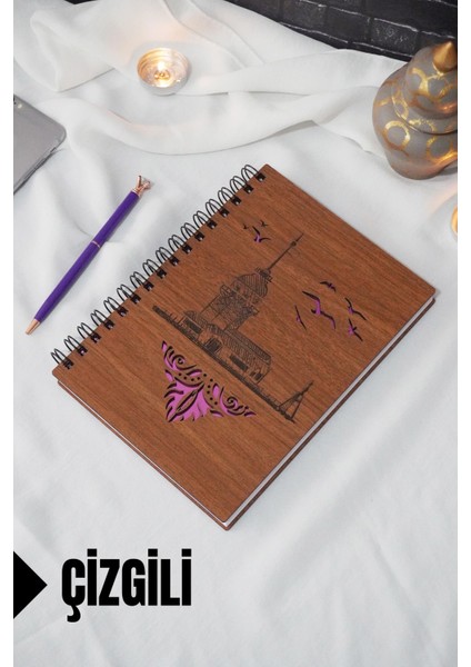 Kız Kulesi Temalı Ahşap Kapaklı Defter - Çizgili Defter - Ajanda - Okul Defteri (A5 - 120 Sayfa)