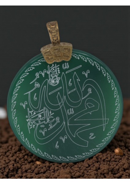 Akik Taşı Kolye - Allah ve Muhammed Yazılı Özel Tasarım Yeşil Taş
