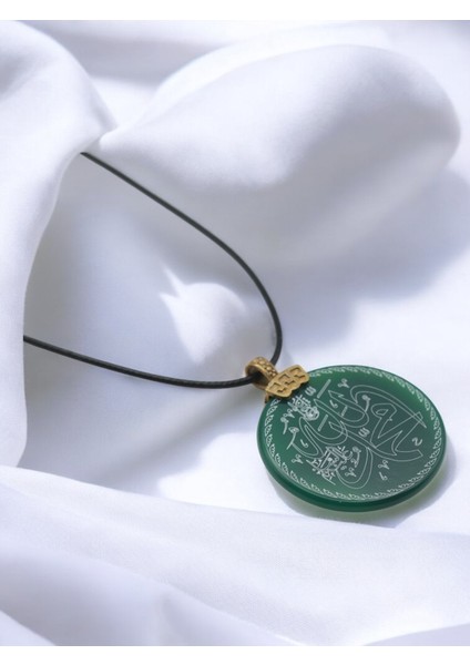 Akik Taşı Kolye - Allah ve Muhammed Yazılı Özel Tasarım Yeşil Taş indirimleri
