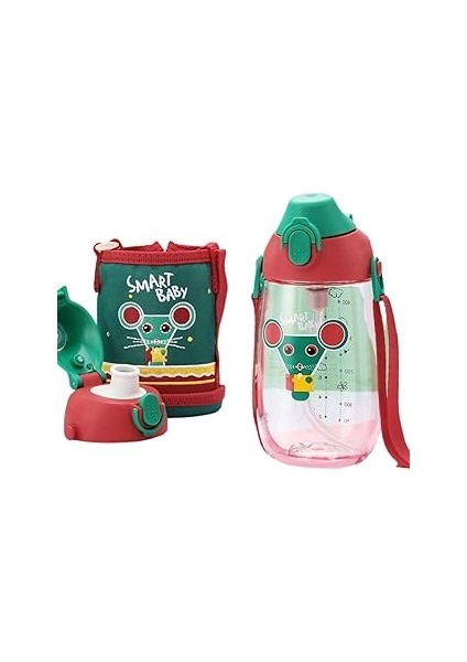 Uzspace 480ML Kılıflı 2 Ayrı Kapaklı Pipetli/pipetsiz Trita Su Matarası Kırmızı-Yeşil